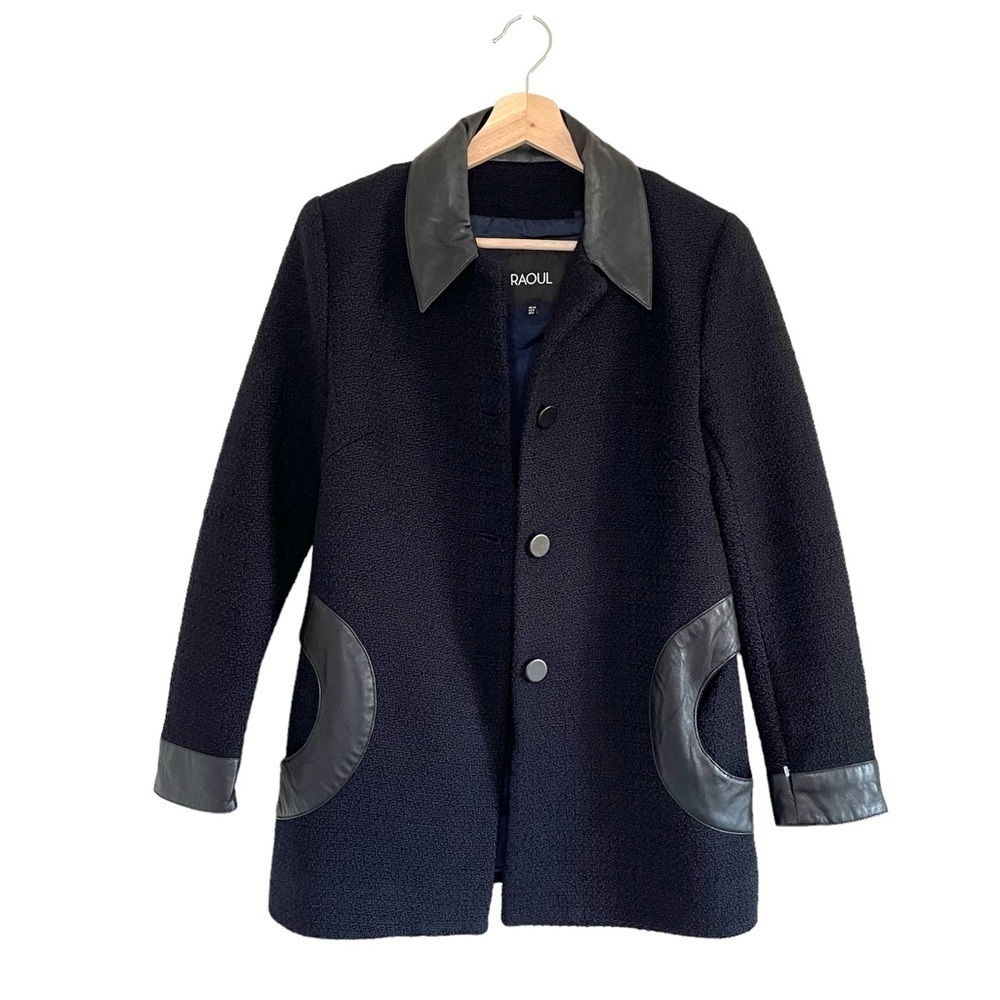 Raoul Boucle Wool Leather Trim Button Front Jacket Mixed Media Navy Black Size 2